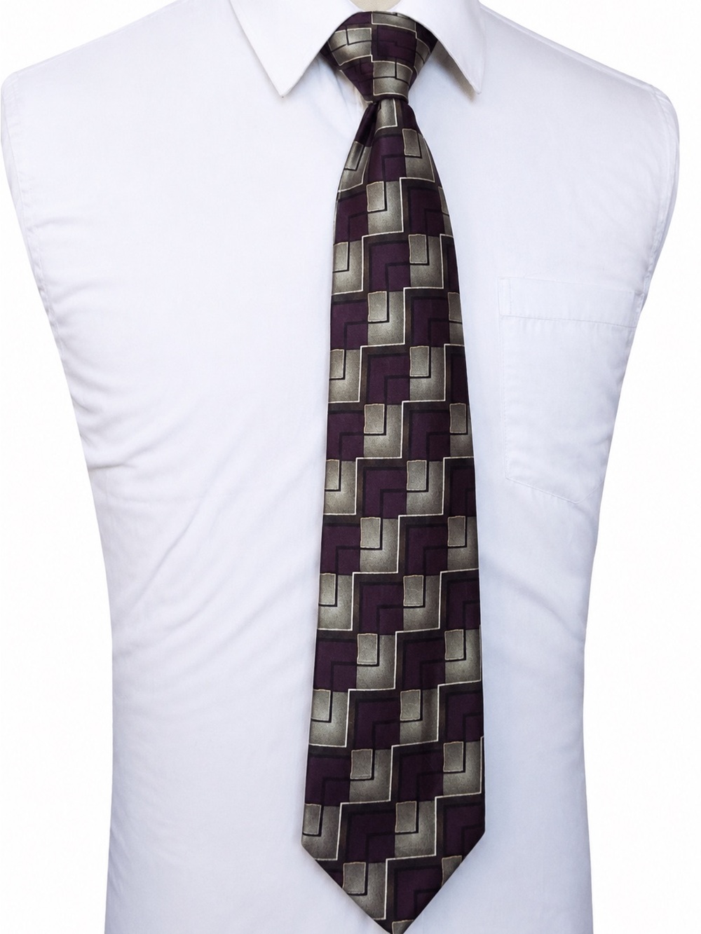 Men’s 100% Silk Hand Sewn Geometric Necktie Purple Gray Classic 3.25” Via Europa